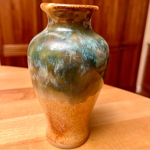 Handmade Shiny glazed ceramic bud vase. Blue, green and brown tones. 5.5” tall. - Picture 3 of 10